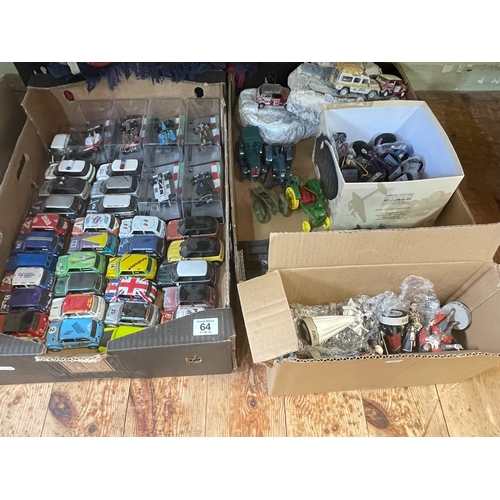 64 - Five boxes of model vehicles including Mini Collection and Assassins Creed figures.