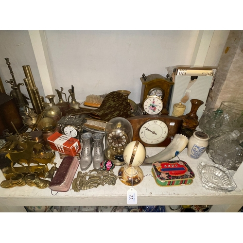 71 - Collection of metalwares (including coal scuttle, firescreen, candlesticks), mantel clocks, glass, l... 