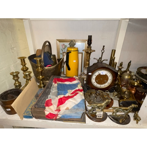 71 - Collection of metalwares (including coal scuttle, firescreen, candlesticks), mantel clocks, glass, l... 