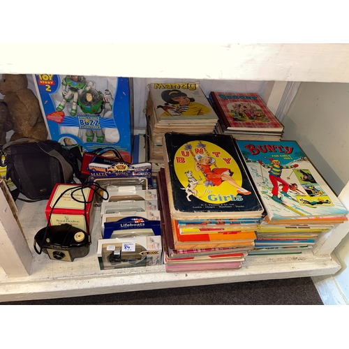 84 - Collection of toys, teddy bears, stamp album, annual books, cameras, diecast model vehicles, etc.