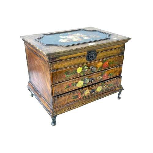 89 - Ornate painted jewellery box with three drawers, 37cm.