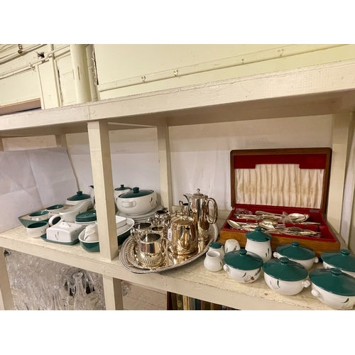 103 - Collection of Denby Greenwheat, silver plated tea sets and tray, cutlery, etc.
