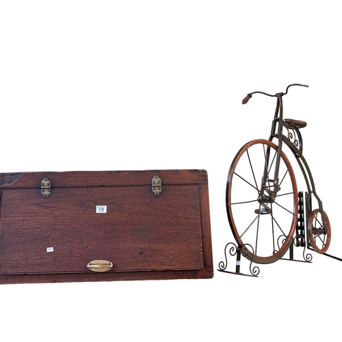 118 - Mahogany car storage box, small model of a penny farthing, coffee grinder, porcelain, glass, Frank L... 