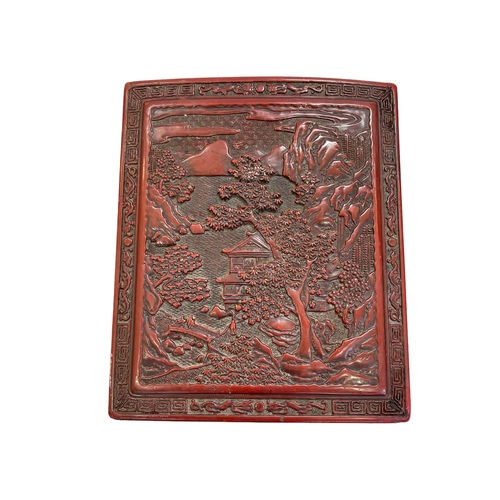 139 - Carved Chinese box 'Cinnabar Qing Dynasty', 29cm by 24cm.