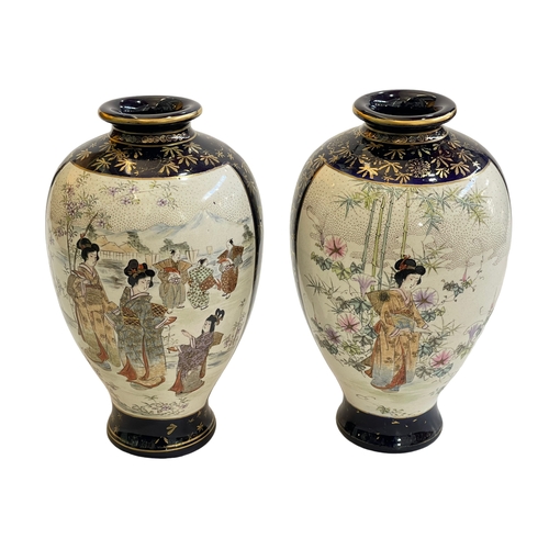 162 - Pair large Satsuma vases with figure decoration, signed to base, 25cm.