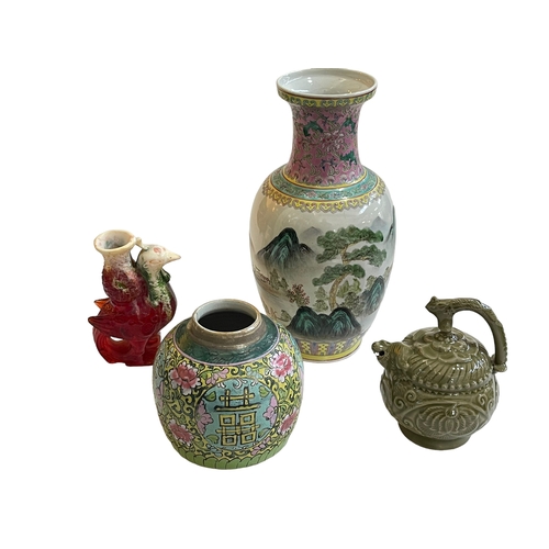 163 - Chinese vase, ginger jar, vessel and bird ornament.