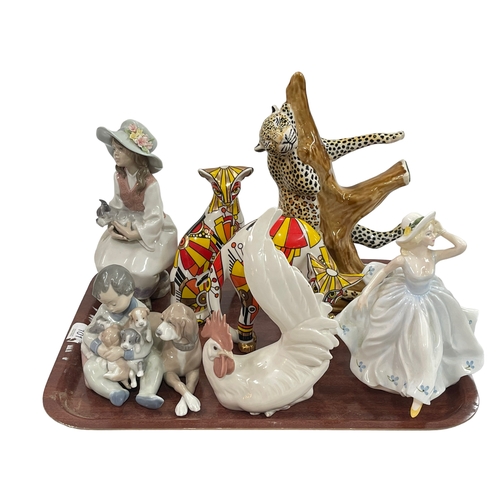 17 - Two Lladro groups and cockerel, Coalport Debbie, Clare Mcfarlane Leopard and two Cardew Design Cool ... 