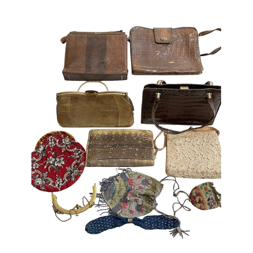 178 - Five vintage skin bags including Lizard and Alligator, Waldy handbag, three beaded evening bags and ... 
