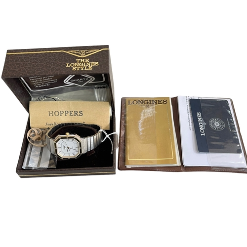 180 - Longines gents octagonal bracelet date watch with service records and box.