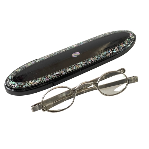 202 - Pair George IV silver spectacles with papier mache case.