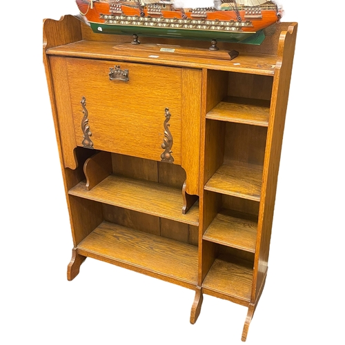 280 - Art Nouveau oak bureau-open bookcase, 118cm by 86cm by 24cm.