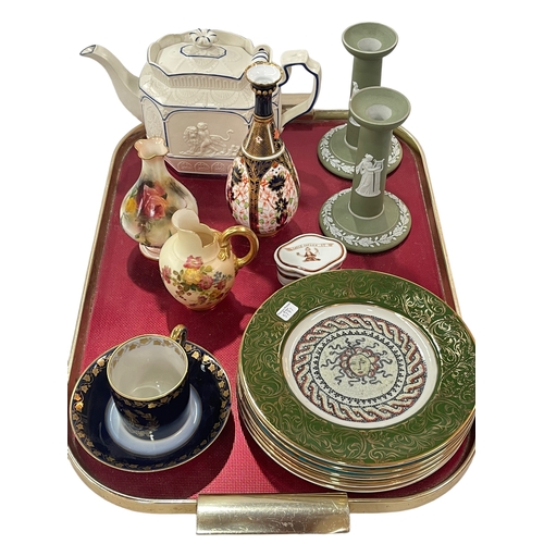 29 - Pair of Wedgwood candlesticks, Castleford teapot, Royal Crown Derby vase, Royal Worcester jug and va... 