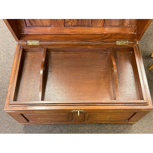 301 - Eastern hardwood and brass inlaid dome top trunk, 49cm by 76cm by 46cm.