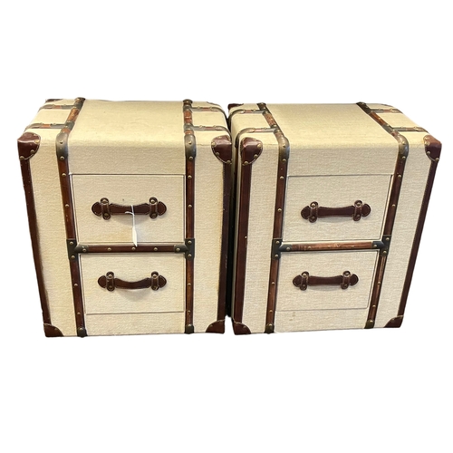 304 - Pair hessian, leather and wood bound two drawer 'luggage' style pedestal chest, 58cm by 50cm by 35cm... 