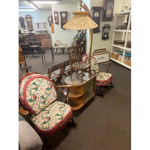 306 - Pair Ercol Fleur De Lys back rocking chairs, vintage walnut cabinet, standard lamp and child's chair... 