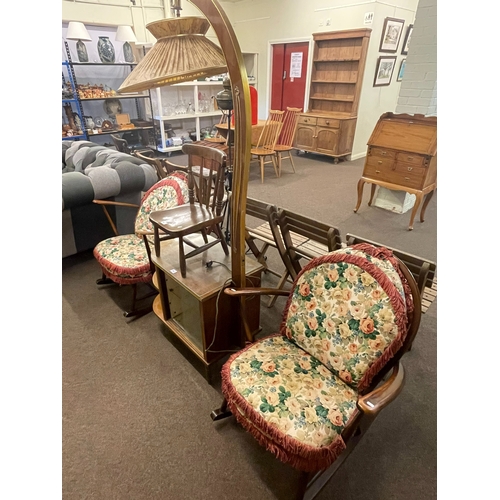 306 - Pair Ercol Fleur De Lys back rocking chairs, vintage walnut cabinet, standard lamp and child's chair... 