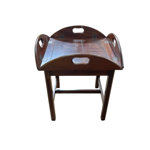 330 - Four handled butlers tray and stand, tray 69cm by 69cm.