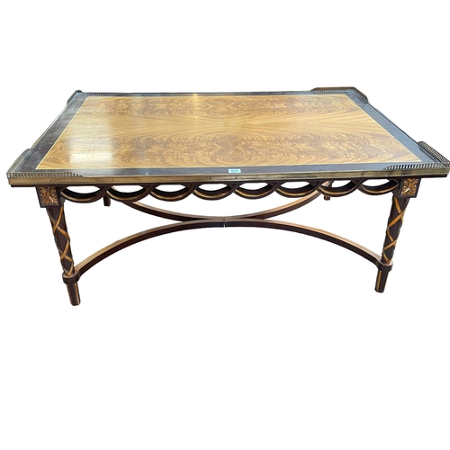 331 - Large walnut, mahogany and painted low centre table with pierced brass gallery corners, 48cm by 111c... 