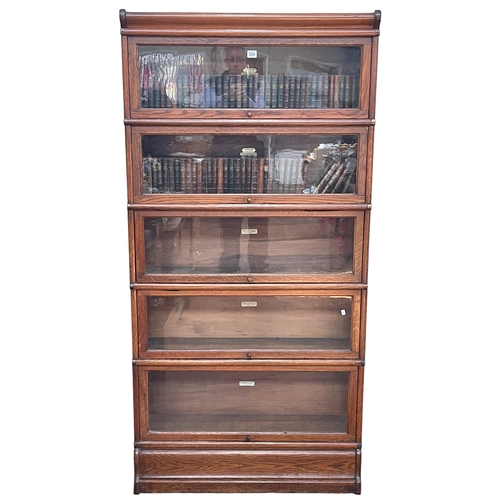 334 - Oak Globe Wernicke five height stacking bookcase, 177cm by 87cm by 27cm.