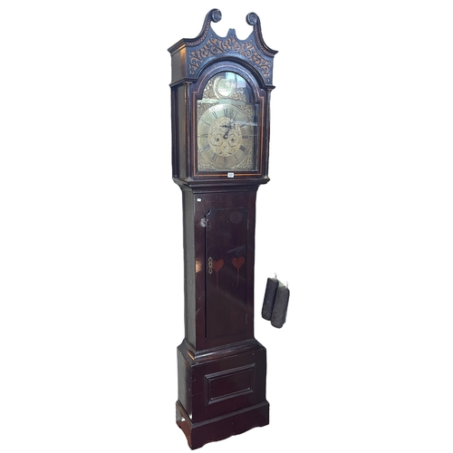 337 - Antique oak cased eight day longcase clock having brass arched dial, 218cm.