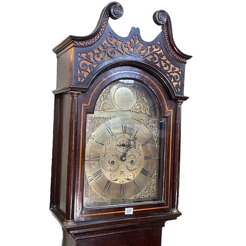 337 - Antique oak cased eight day longcase clock having brass arched dial, 218cm.