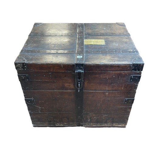 343 - Antique oak and iron bound silver chest, 69cm by 77cm by 61cm.