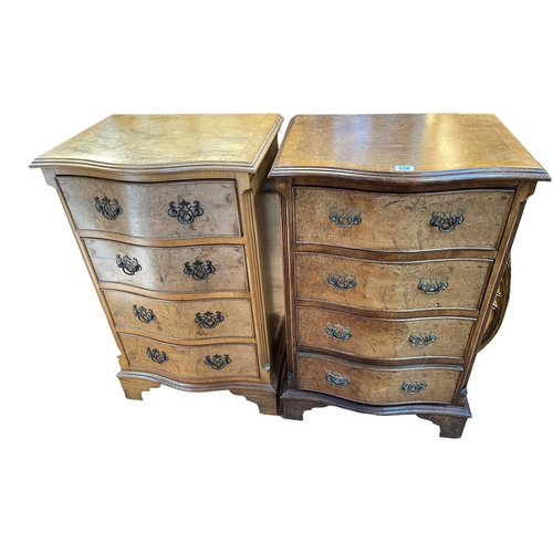 356 - Pair burr walnut crossbanded four drawer serpentine front pedestal chests, 77cm by 49cm by 37cm.