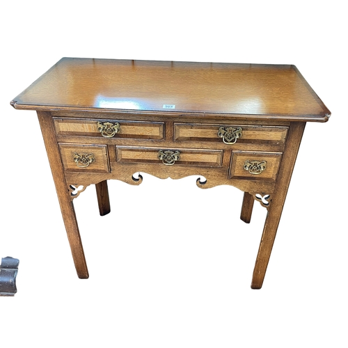 364 - Period style oak and mahogany crossbanded five drawer lowboy, 74cm by 84cm by 43cm.