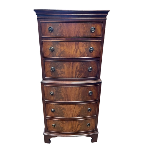 369 - Bevan Funnell Ltd Reprodux mahogany bow front tallboy chest of six drawers, 130cm by 55cm by 40cm.