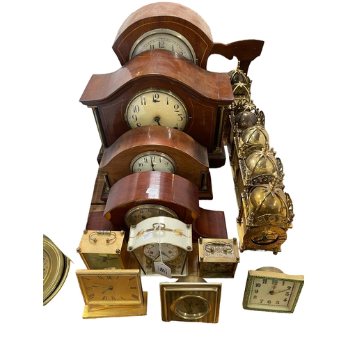 46 - Collection of brass lantern clocks, mahogany inlaid mantel clocks (Eight day and Russells Ltd Liverp... 
