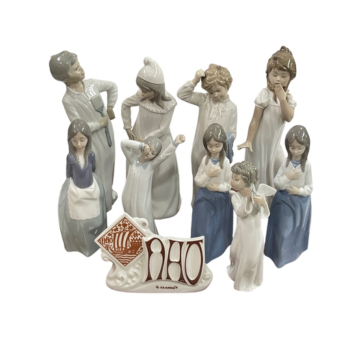 5 - Nine Nao figures and advert sign including Boy with Fly Swatter, Girl with Torn Nightgown and Girl Y... 
