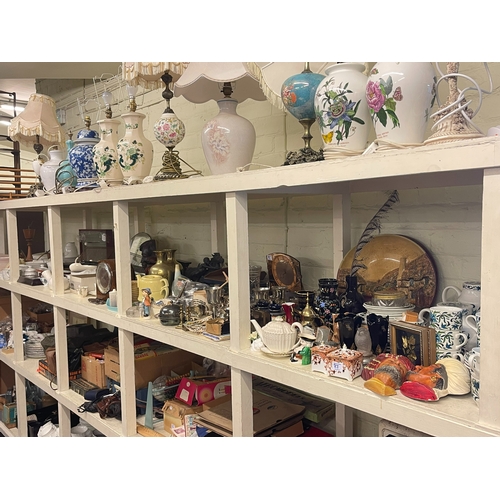 83 - Full shelf of glass, china, metalware, mantel clock, Midwinter tableware, green dragon carnival glas... 