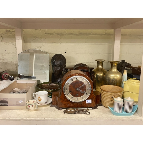 83 - Full shelf of glass, china, metalware, mantel clock, Midwinter tableware, green dragon carnival glas... 
