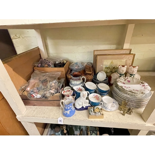 85 - Collection of dolls house furniture, pictures, Wade Whimsies, assorted china, etc.