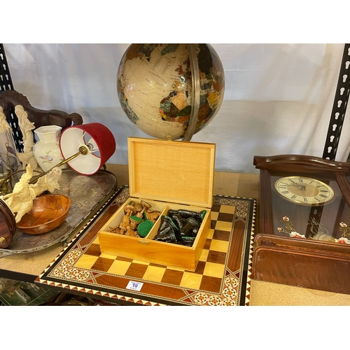 98 - Semi-precious stone globe, chess set with board, wall clock, pictures, whisky jugs, glass and china,... 