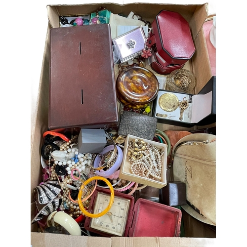 11 - Two boxes of costume jewellery, watches, fans, coins, etc.