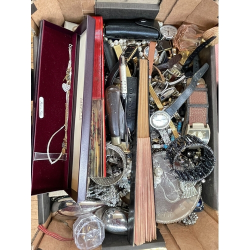 11 - Two boxes of costume jewellery, watches, fans, coins, etc.
