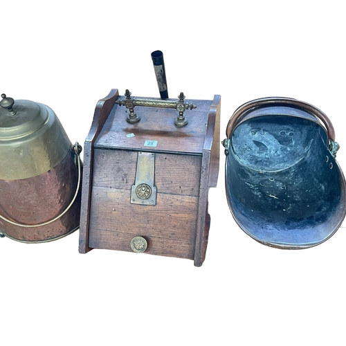 25 - Collection of mostly antique copper kettles, coal scuttles, oil lamp, etc.