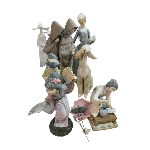 13 - Lladro lady with dog, three Oriental ladies, Nun group, Monk group and Afghan Hound (7).