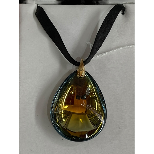 203 - Baccarat glass pendant with 18 carat gold clasp and ribbon necklace, pendant 6.5cm drop.