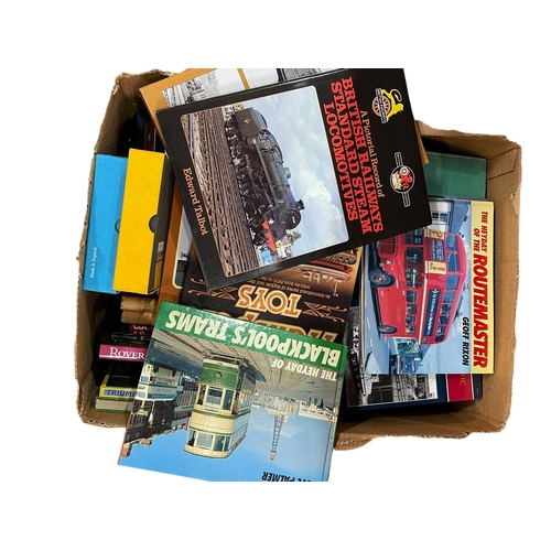 25 - Four boxes with albums of railway photos, railway related books, albums of stamps, first day covers,... 