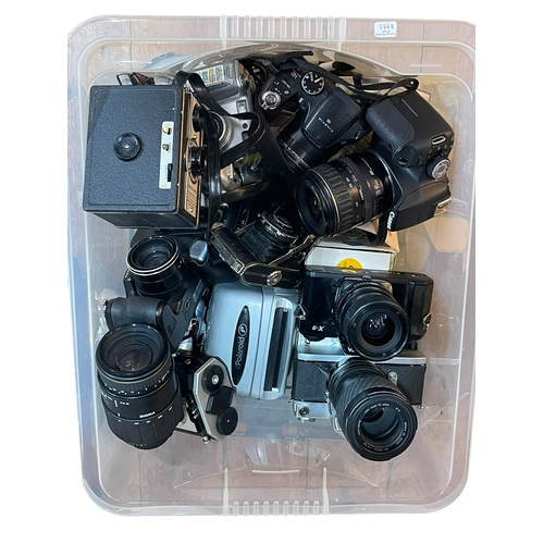 27 - Box of assorted cameras including Canon EOS 500D, Minolta, etc, and Macro Lens.