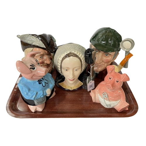 31 - Three Royal Doulton character jugs, Robin Hood, The Sleuth and Anne Boleyn, and two Wade Nat West Pi... 