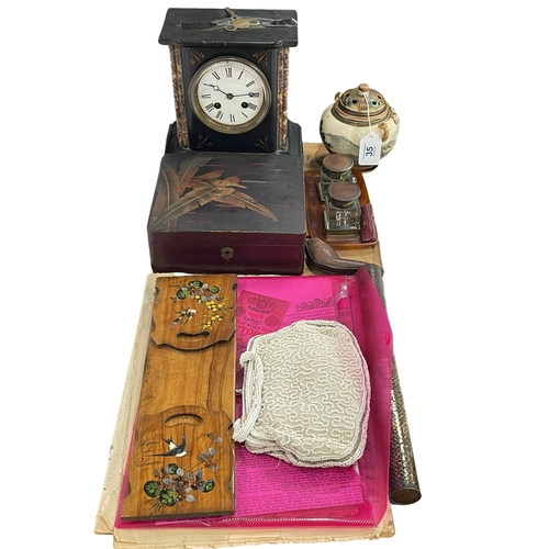 35 - Papier maché box, slate mantel clock, Meerschaum pipe, ephemera, inkwell, etc.