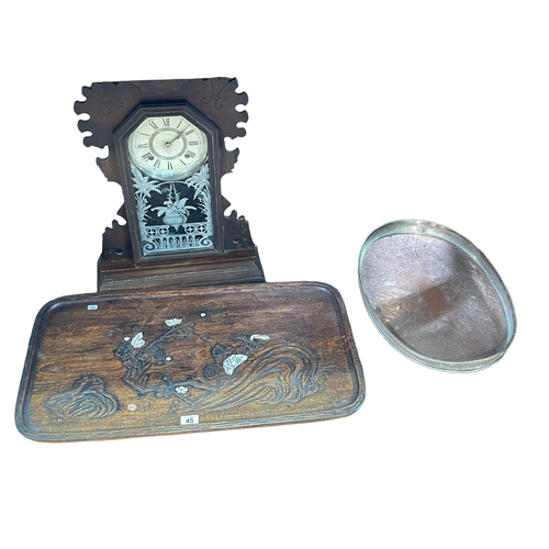 45 - Antique Gingerbread mantel clock, Japanese tray and a silver plated serving tray.