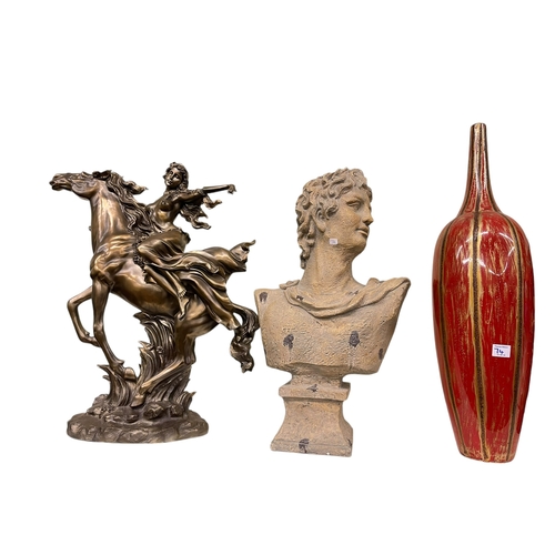 74 - Large vase and stand, Roman style bust, vases, clock, bust, etc.