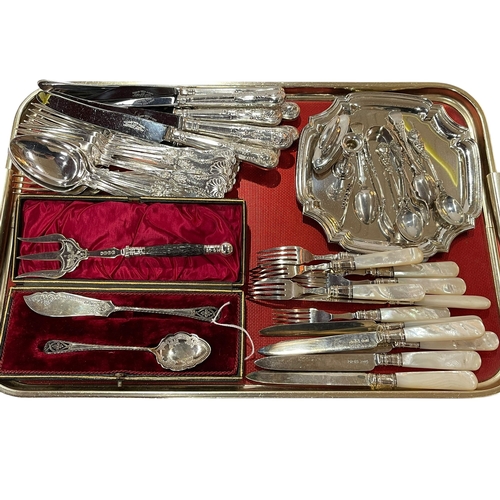 1 - Silver and mother of pearl dessert eaters, cased silver butter knife and preserve spoon, silver teas... 