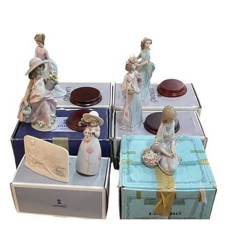 10 - Six Lladro figures including Spring and a Wish Come True, and factory plaque (7), with six boxes.