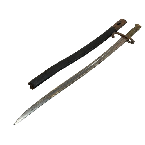 108 - Military bayonet and scabbard marked 50036 (number is worn). Blade is 57cm.