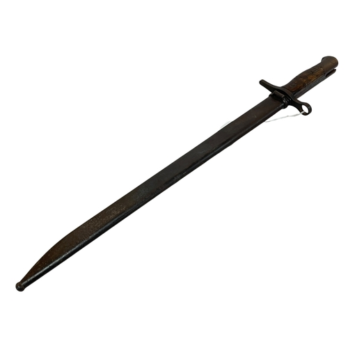 111 - Japanese? bayonet and scabbard, blade is 40cm.